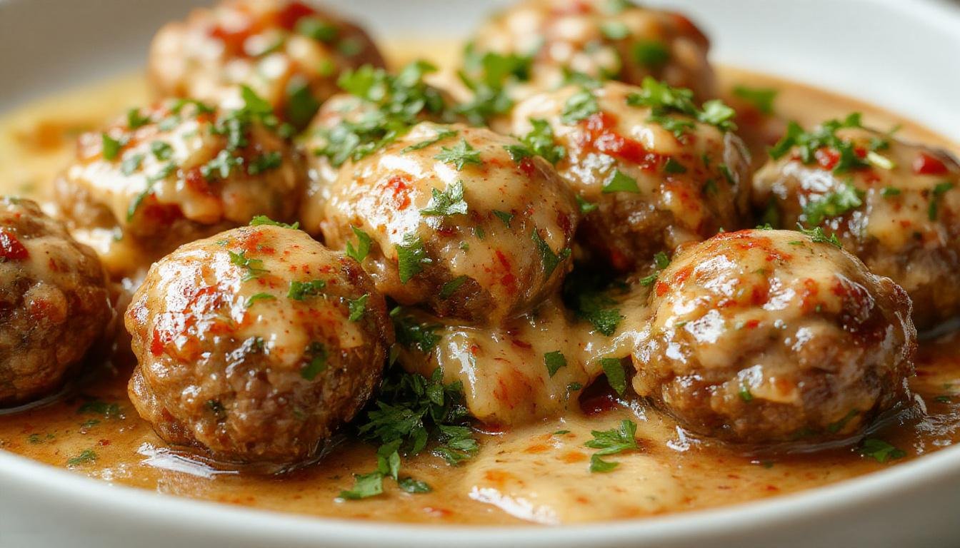 A close-up of golden-brown Italian meatballs nestled in a rich marinara sauce, garnished with fresh basil leaves, served on a rustic white plate with a side of crusty bread. The meatballs have a slightly crispy exterior with a moist interior visible through a slight crack, and the sauce glistens under warm lighting.