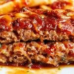 A close-up of a golden-brown meatloaf topped generously with crispy bacon strips, melted cheddar cheese spilling over the sides, garnished with chopped herbs on a rustic wooden platter. The meatloaf is sliced to reveal a moist interior, with visible chunks of cheese and bits of bacon throughout.
