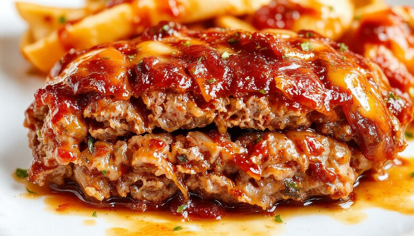 A close-up of a golden-brown meatloaf topped generously with crispy bacon strips, melted cheddar cheese spilling over the sides, garnished with chopped herbs on a rustic wooden platter. The meatloaf is sliced to reveal a moist interior, with visible chunks of cheese and bits of bacon throughout.