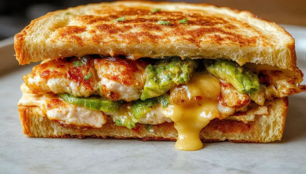 A close-up of a toasted sandwich with crispy golden-brown bread, oozing melty cheese, sliced ripe avocado, and tender chicken pieces visible inside, garnished with fresh herbs on a rustic wooden plate.