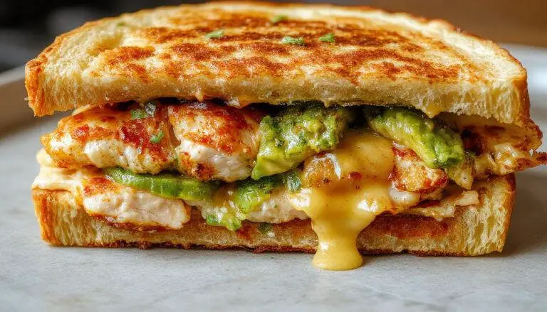 A close-up of a toasted sandwich with crispy golden-brown bread, oozing melty cheese, sliced ripe avocado, and tender chicken pieces visible inside, garnished with fresh herbs on a rustic wooden plate.