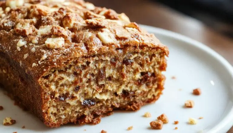 A freshly baked cinnamon crunch banana bread loaf with a golden-brown crust topped with crunchy cinnamon sugar crumbs. The bread is sliced to reveal a moist, tender interior dotted with ripe banana chunks and a hint of cinnamon. The loaf rests on a rustic wooden surface, surrounded by scattered cinnamon sticks and a dusting of powdered sugar, highlighting its warm, inviting appearance.