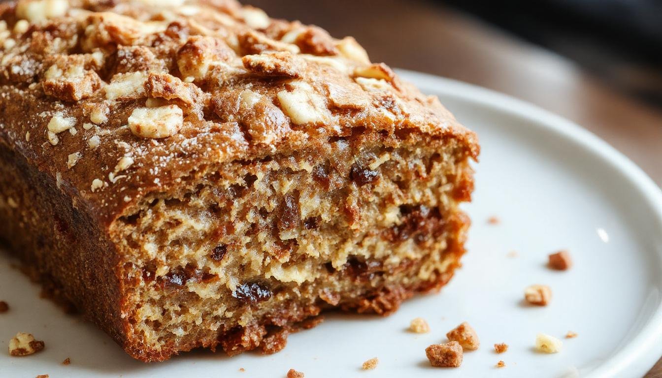 A freshly baked cinnamon crunch banana bread loaf with a golden-brown crust topped with crunchy cinnamon sugar crumbs. The bread is sliced to reveal a moist, tender interior dotted with ripe banana chunks and a hint of cinnamon. The loaf rests on a rustic wooden surface, surrounded by scattered cinnamon sticks and a dusting of powdered sugar, highlighting its warm, inviting appearance.