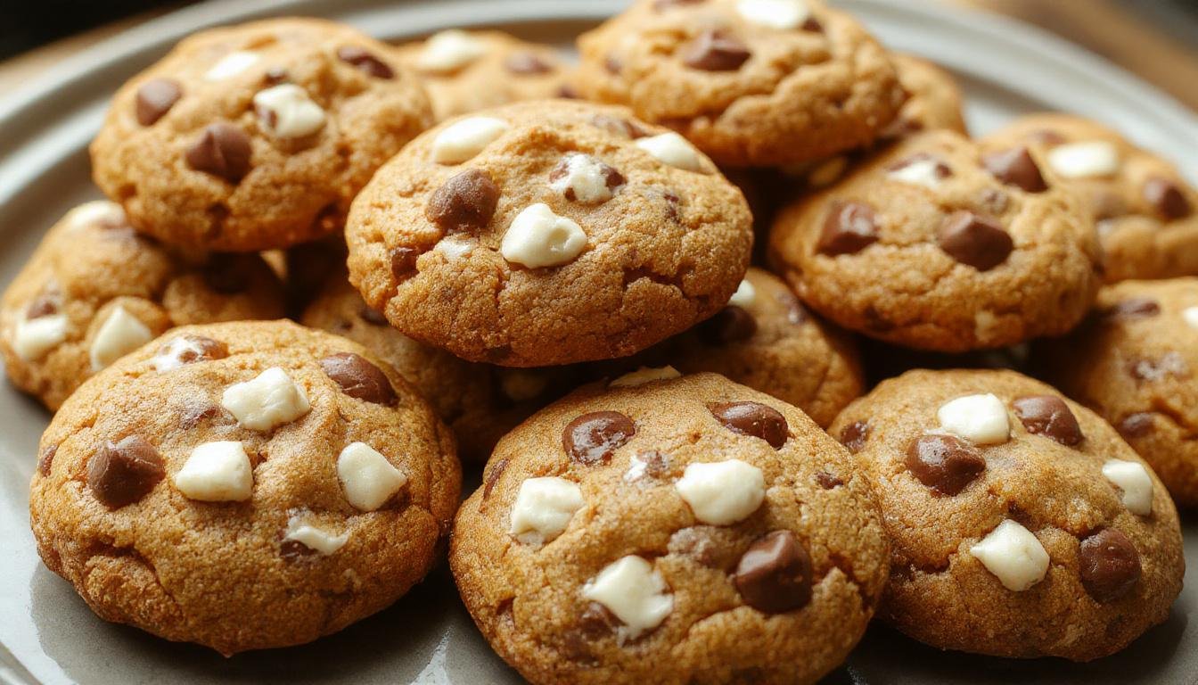 A close-up of a freshly baked pumpkin white chocolate chip cookie on a rustic wooden surface. The cookie is golden-brown with visible white chocolate chips and a slightly cracked top revealing a soft interior. Surrounding the cookie are hints of cinnamon and nutmeg, with a few white chocolate chips scattered nearby, emphasizing the warm fall theme.