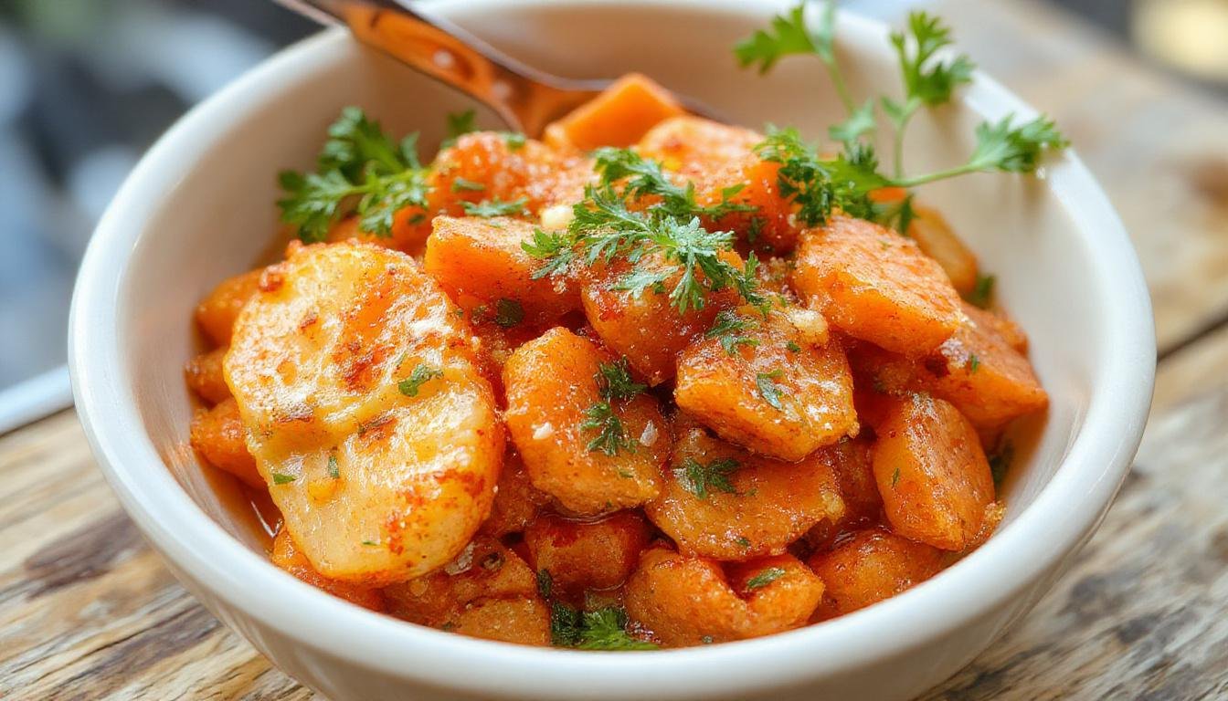 A close-up of vibrant orange smashed carrots with slightly caramelized edges, garnished with fresh herbs, presented on a rustic white plate with a drizzle of sauce around the edges, highlighting their crispy texture and rustic appeal.
