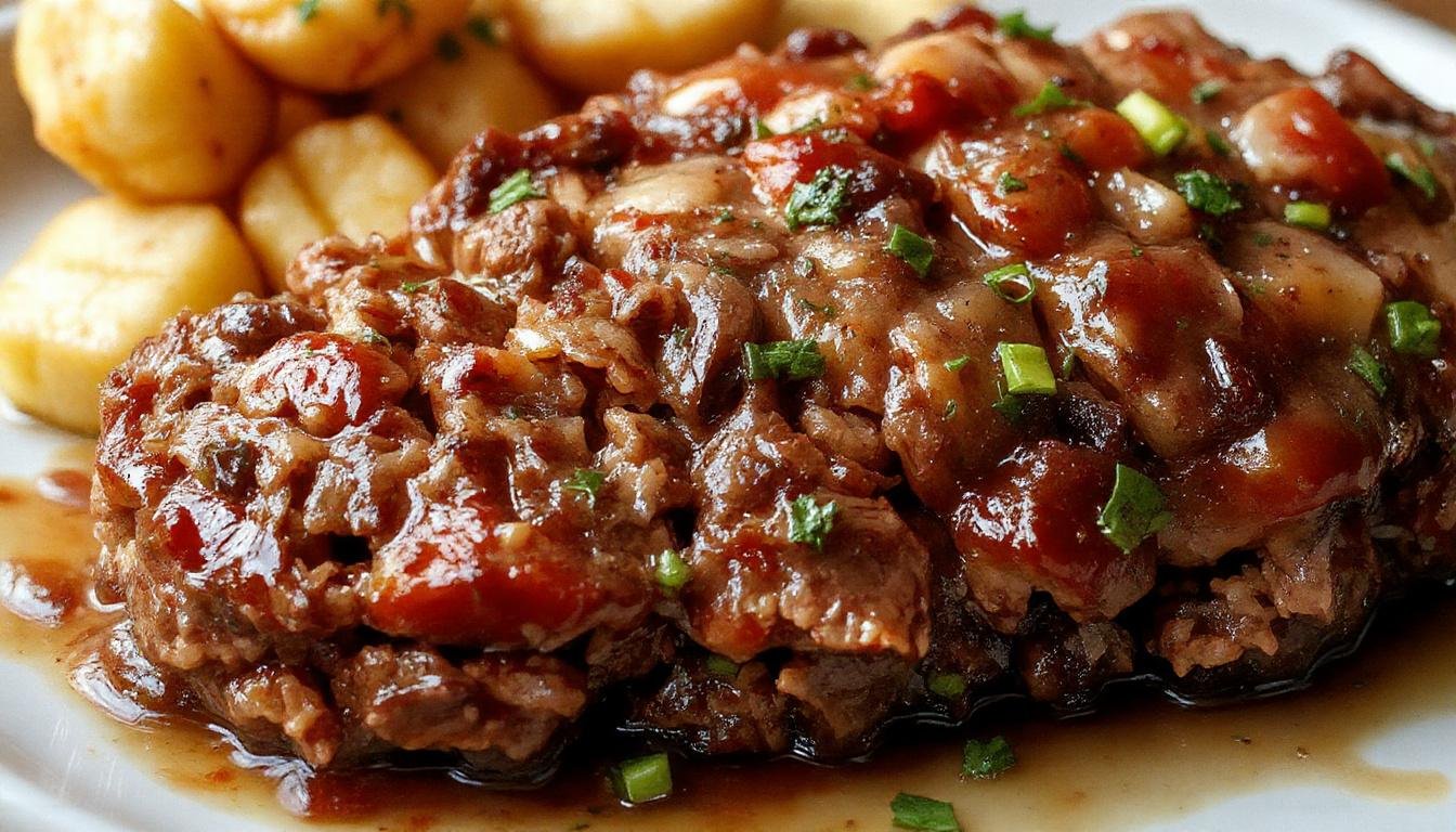 A rustic dinner plate featuring a thick slice of golden-brown meatloaf topped with a glossy, savory glaze. The meatloaf is garnished with fresh herbs and served alongside colorful roasted vegetables and creamy mashed potatoes, all presented on a vintage-style ceramic plate with a cozy, homestyle backdrop.
