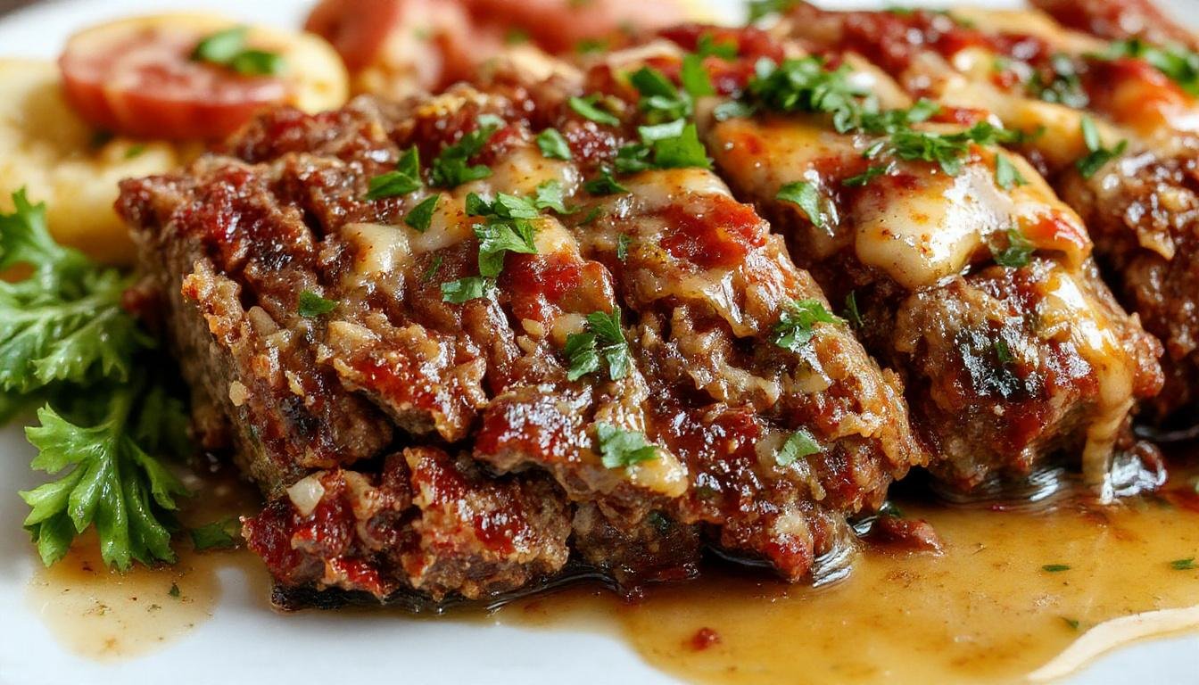 A rustic ceramic dish features a perfectly sliced homestyle meatloaf glazed with a shiny tomato-based sauce, revealing a moist, tender interior with visible bits of herbs and vegetables. The slices are arranged neatly on a wooden serving board, garnished with sprigs of fresh herbs, surrounded by a cozy kitchen setting with warm lighting and comforting elements.
