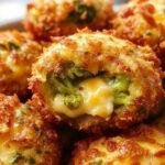 A close-up of golden-brown baked broccoli and cheese bites arranged on a rustic white plate, with bits of broccoli and melted cheese visible, garnished with fresh parsley. The bites have a crispy exterior with a slightly flaky texture, showcasing a vibrant green from the broccoli and creamy cheese filling.
