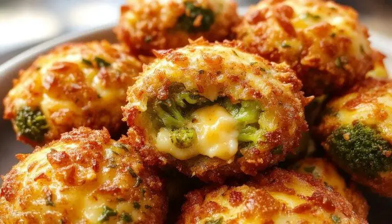 A close-up of golden-brown baked broccoli and cheese bites arranged on a rustic white plate, with bits of broccoli and melted cheese visible, garnished with fresh parsley. The bites have a crispy exterior with a slightly flaky texture, showcasing a vibrant green from the broccoli and creamy cheese filling.