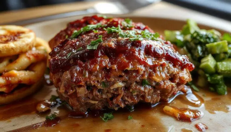 A beautifully glazed Korean BBQ Meatloaf sliced to reveal its tender, juicy interior. The top is caramelized with a glossy glaze, garnished with chopped green onions, and served on a rustic plate with side vegetables. The meatloaf’s surface has a shiny, slightly crispy crust, with a hint of red from the Gochujang glaze, contrasting against the darker browned edges.