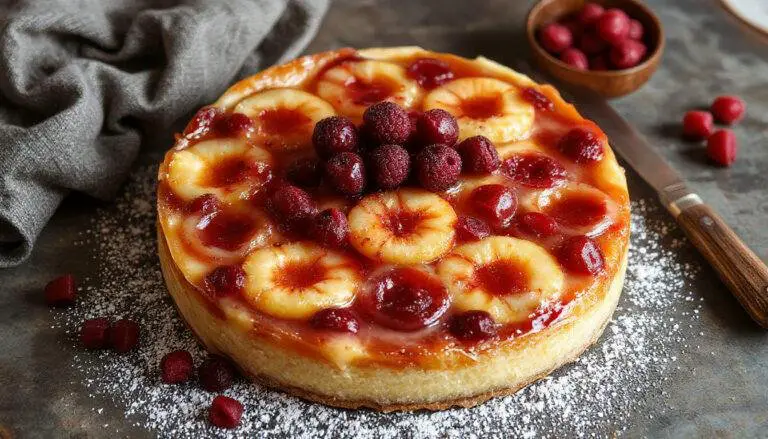 Une tarte aux mirabelles dorée, garnie de mirabelles juteuses et brillantes, reposant sur une assiette blanche avec une croûte croquante, présentée sur un fond rustique en bois avec quelques mirabelles supplémentaires disposées autour.
