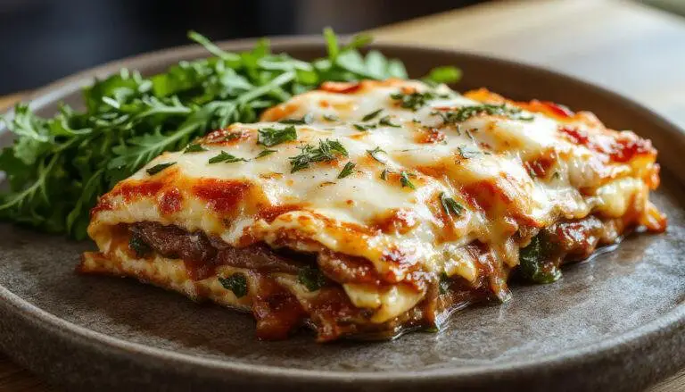 Une assiette de lasagnes dorées, superposées avec des couches visibles de jambon de boeuf et de fromage fondu, garnie de herbes fraîches, présentée sur une planche en bois rustique.