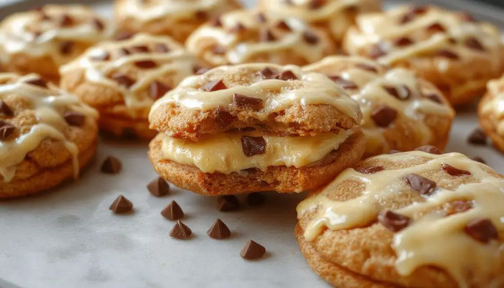A plate of magical ButterBeer sandwich cookies showcasing two golden-brown, crispy cookies layered with a creamy light yellow filling. The cookies have a slightly textured surface with hints of caramel color, neatly stacked with the filling visible between them. The background features a soft-focus wooden surface with a few crumbs scattered, emphasizing the inviting, homemade appearance.