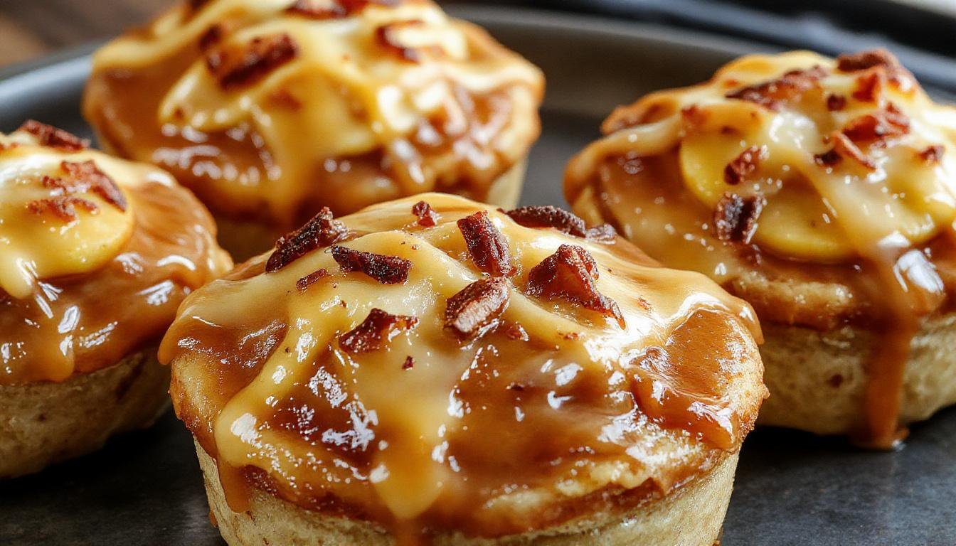 A close-up of a caramel apple pie decorated with a golden crust, topped with glossy caramel glaze, surrounded by fresh apple slices and a sprinkle of cinnamon. The pie is placed on a rustic wooden table with a wand-shaped cookie and a scroll nearby, evoking a magical, enchanted atmosphere with warm lighting.