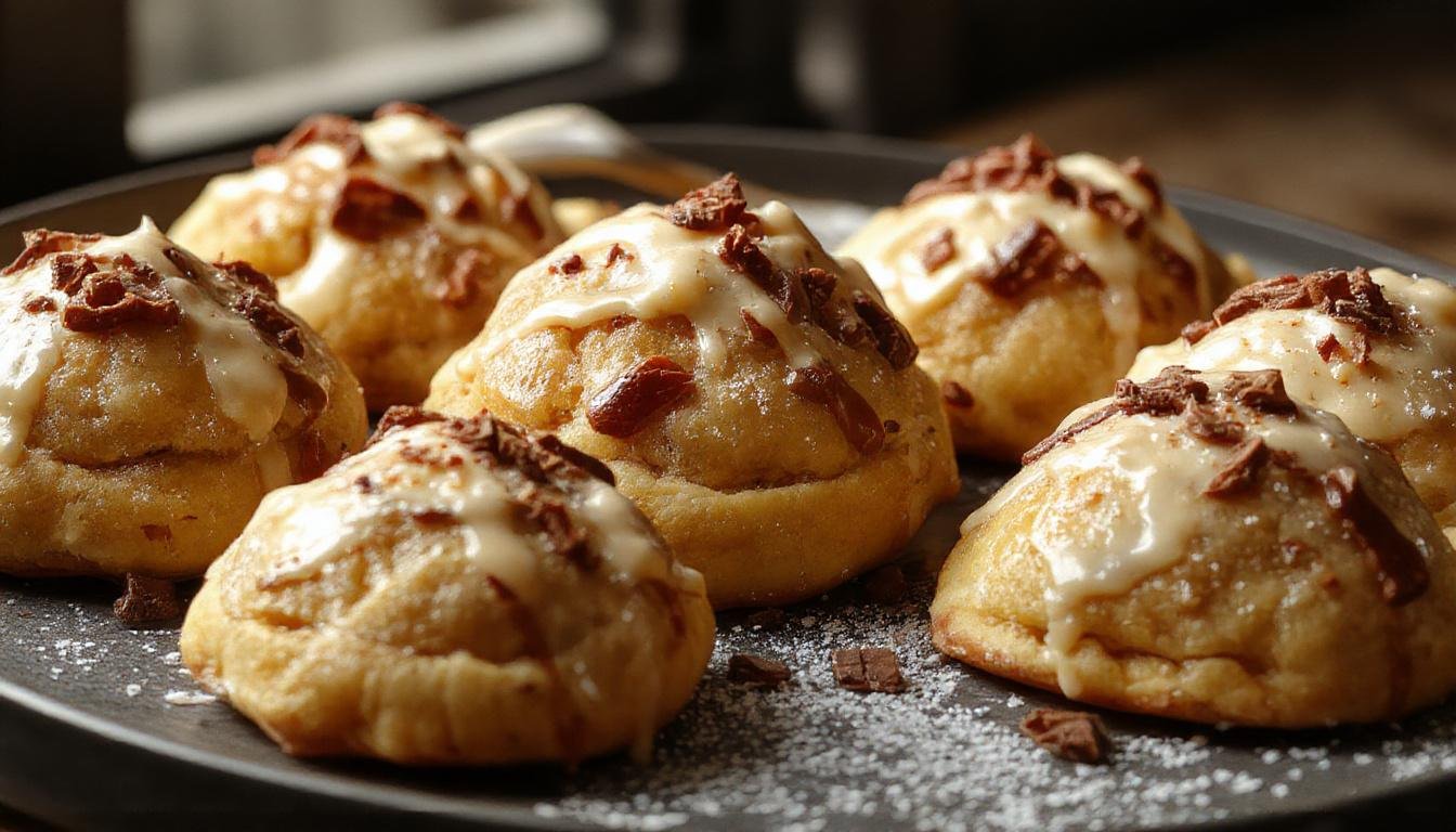 Close-up of golden-brown pumpkin pasties with a flaky, slightly glossy crust, filled with vibrant orange pumpkin filling visible through a small slit, arranged neatly on a rustic parchment-lined plate with a few powdered sugar dustings around.