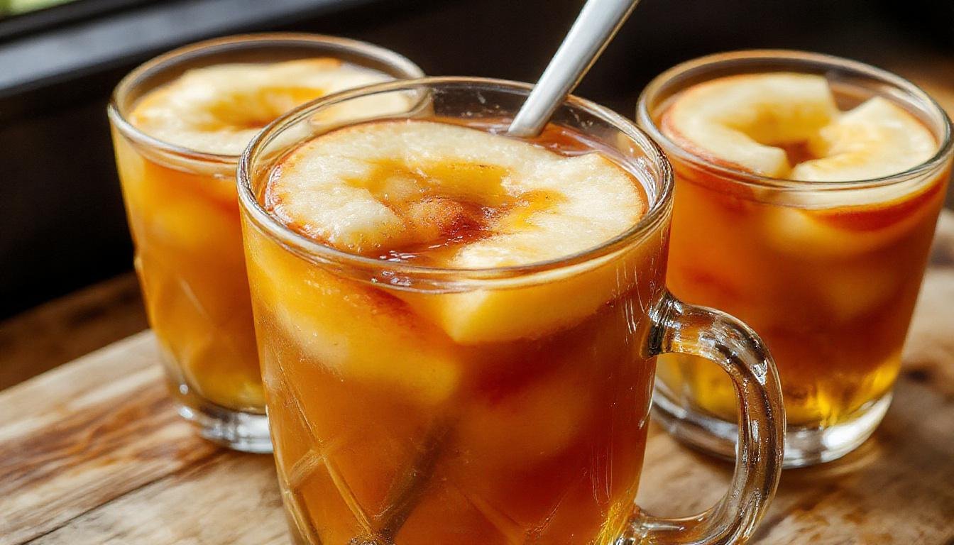 A steaming mug of Maple Bourbon Apple Cider garnished with a cinnamon stick and apple slices, with a background of cozy autumn decor and a softly blurred fireplace.
