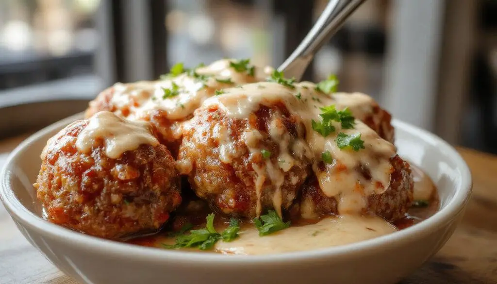 A close-up of a plate filled with golden-brown homemade meatballs garnished with fresh herbs, arranged neatly on a rustic ceramic dish, with a side of marinara sauce, showcasing their juicy texture and crispy exterior.