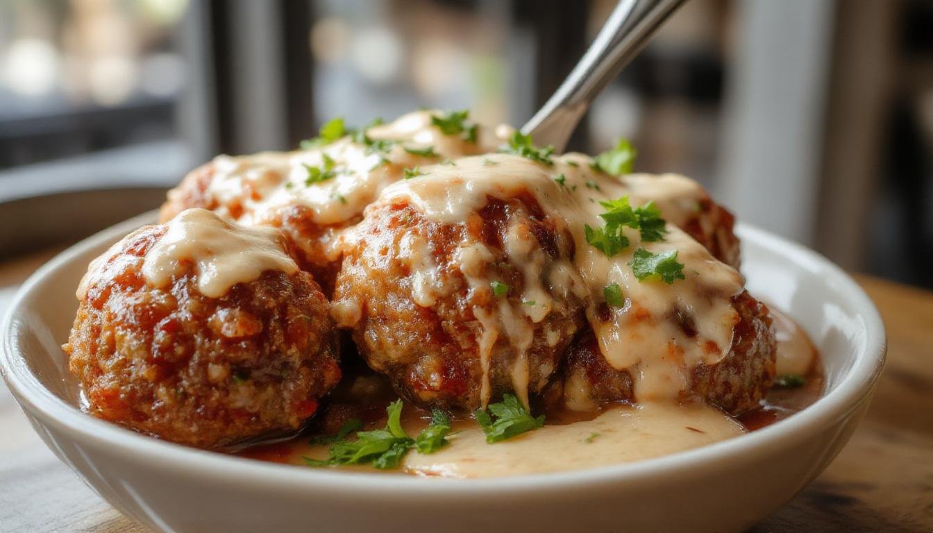 A close-up of a plate filled with golden-brown homemade meatballs garnished with fresh herbs, arranged neatly on a rustic ceramic dish, with a side of marinara sauce, showcasing their juicy texture and crispy exterior.