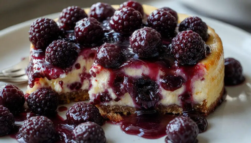 A slice of Midnight Blueberry Cheesecake on a white plate, showcasing a vibrant deep blue top layer with swirls of fresh blueberries. The creamy texture is visible along the edges, with a graham cracker crust at the base. The presentation is elegant and inviting, with a light dusting of powdered sugar and a few blueberries as garnish.