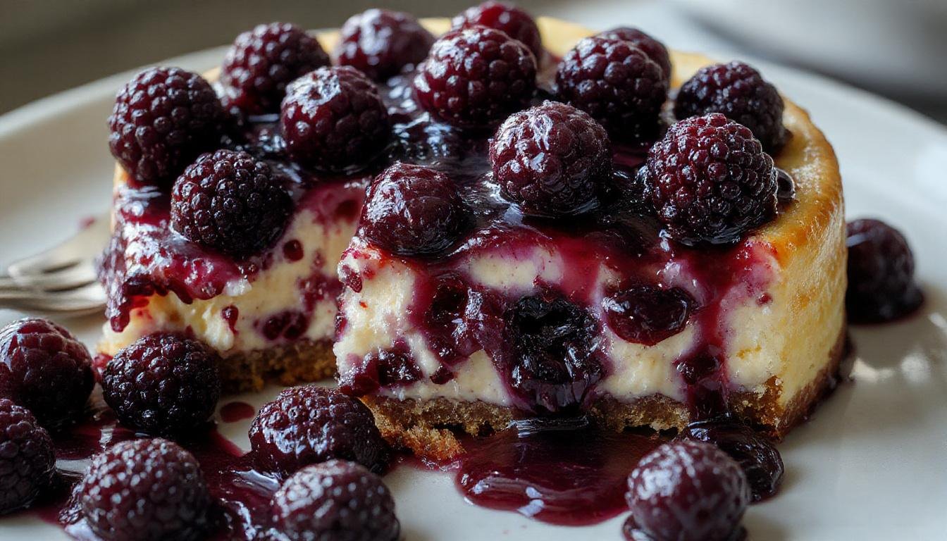 A slice of Midnight Blueberry Cheesecake on a white plate, showcasing a vibrant deep blue top layer with swirls of fresh blueberries. The creamy texture is visible along the edges, with a graham cracker crust at the base. The presentation is elegant and inviting, with a light dusting of powdered sugar and a few blueberries as garnish.