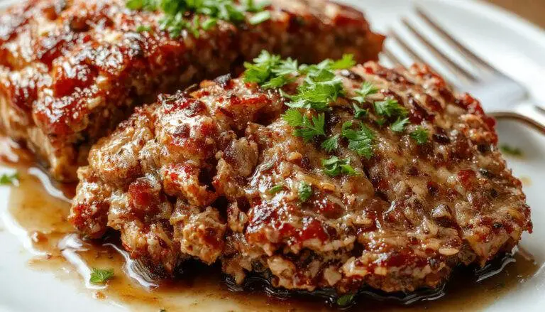 A perfectly sliced piece of Million Dollar Meatloaf on a white plate, revealing a moist, tender interior with a golden-brown crust on top, garnished with fresh herbs and served alongside a bed of vibrant vegetables.