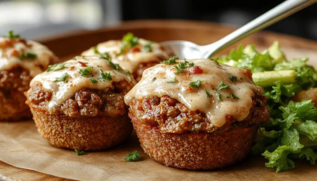 A close-up of golden-brown mini meatloaf muffins arranged on a rustic wooden serving platter. Each muffin has a slightly domed top, with a hint of glaze glistening under soft natural light. Fresh herbs garnish the plate, adding a touch of green contrast. The muffins' texture appears moist and tender, with a crispy exterior.