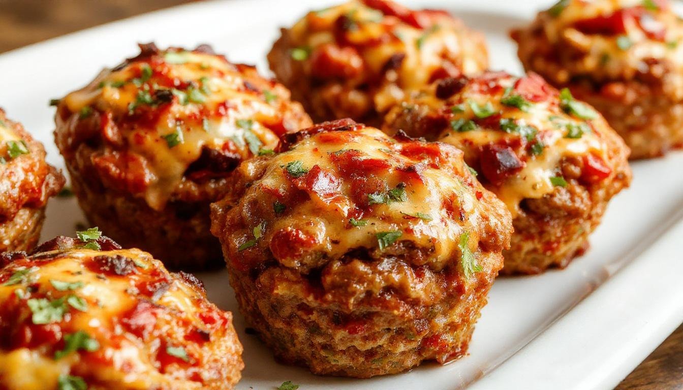 A close-up of a tray of golden-brown mini meatloaf muffins, neatly arranged in muffin tins. The muffins have a slightly crispy top with visible herbs and small pieces of vegetables peeking through, showcased against a rustic wooden background. The muffins are garnished with fresh herbs, enhancing their appetizing appearance.