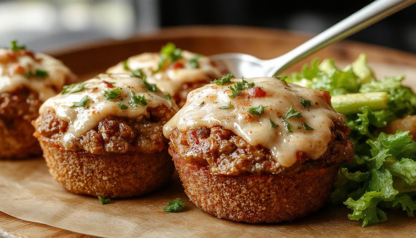 A close-up of golden-brown mini meatloaf muffins arranged on a rustic wooden serving platter. Each muffin has a slightly domed top, with a hint of glaze glistening under soft natural light. Fresh herbs garnish the plate, adding a touch of green contrast. The muffins' texture appears moist and tender, with a crispy exterior.