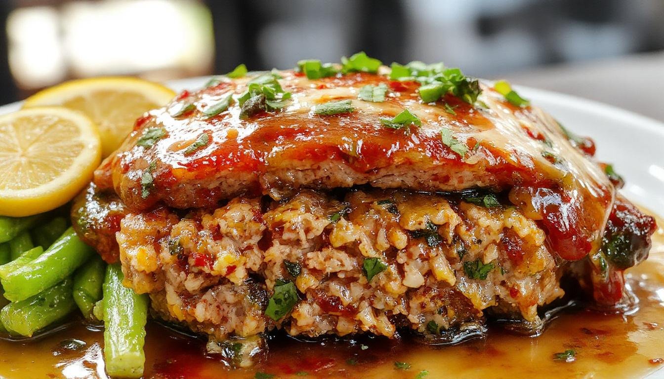 A close-up of multiple mini turkey meatloafs arranged on a rustic wooden platter, each topped with a glossy glaze and garnished with chopped herbs. The meatloafs are golden-brown with slightly crispy edges, nestled on a bed of fresh greens with a side of tangy tomato ketchup.