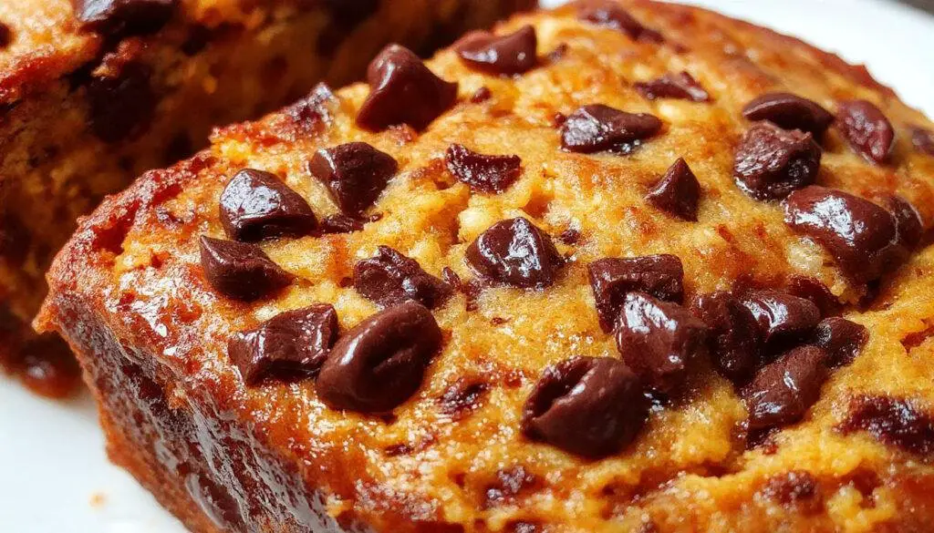 A slice of moist pumpkin zucchini bread with chocolate chips visible on the surface, placed on a rustic wooden board. The bread's crumb is tender and speckled with dark chocolate chunks, and a few shredded zucchini and pumpkin pieces are subtly visible inside. The background features fall-themed decor with warm tones, enhancing the comforting appeal.