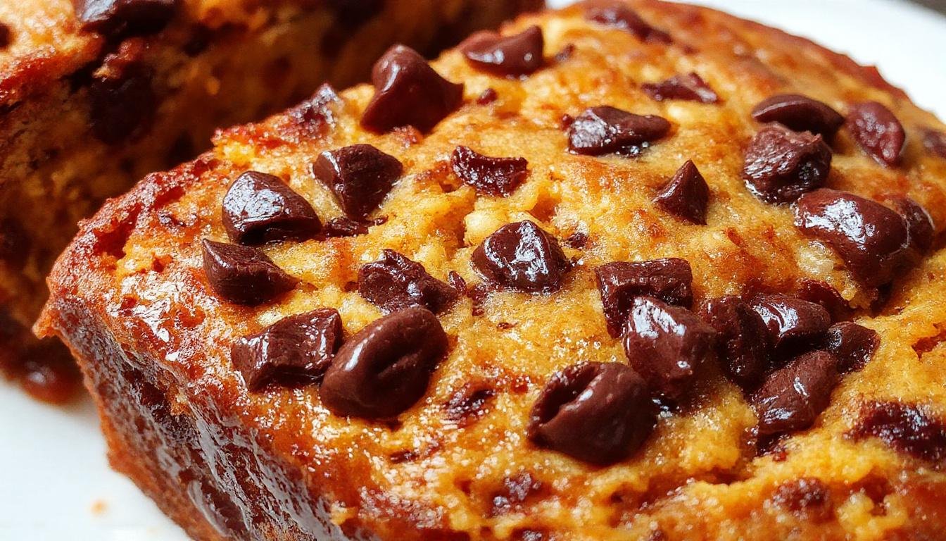 A slice of moist pumpkin zucchini bread with chocolate chips visible on the surface, placed on a rustic wooden board. The bread's crumb is tender and speckled with dark chocolate chunks, and a few shredded zucchini and pumpkin pieces are subtly visible inside. The background features fall-themed decor with warm tones, enhancing the comforting appeal.