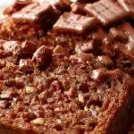A sliced loaf of moist chocolate zucchini bread with a rich, dark chocolate swirled top, showcasing its tender crumb and embedded zucchini pieces, on a rustic wooden table with a dusting of powdered sugar and fresh zucchini in the background.