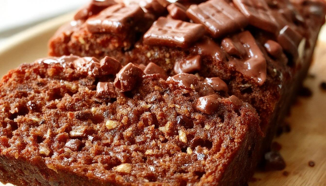 A sliced loaf of moist chocolate zucchini bread with a rich, dark chocolate swirled top, showcasing its tender crumb and embedded zucchini pieces, on a rustic wooden table with a dusting of powdered sugar and fresh zucchini in the background.