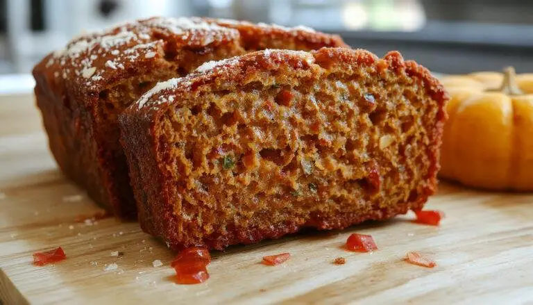 A slice of moist pumpkin zucchini bread on a rustic wooden plate, topped with a sprinkle of powdered sugar. The bread's golden-brown crust contrasts with its soft, moist interior filled with visible zucchini and pumpkin specks. Fresh zucchini and pumpkin slices surround the plate, with a warm, inviting kitchen background featuring autumnal decorations.