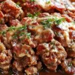 A sliced meatloaf glazed with a shiny caramelized topping, served on a rustic white plate with a side of mashed potatoes and fresh green beans, garnished with chopped parsley. The meatloaf reveals a moist, hearty interior with visible bits of herbs and vegetables, capturing a homestyle, comforting presentation.