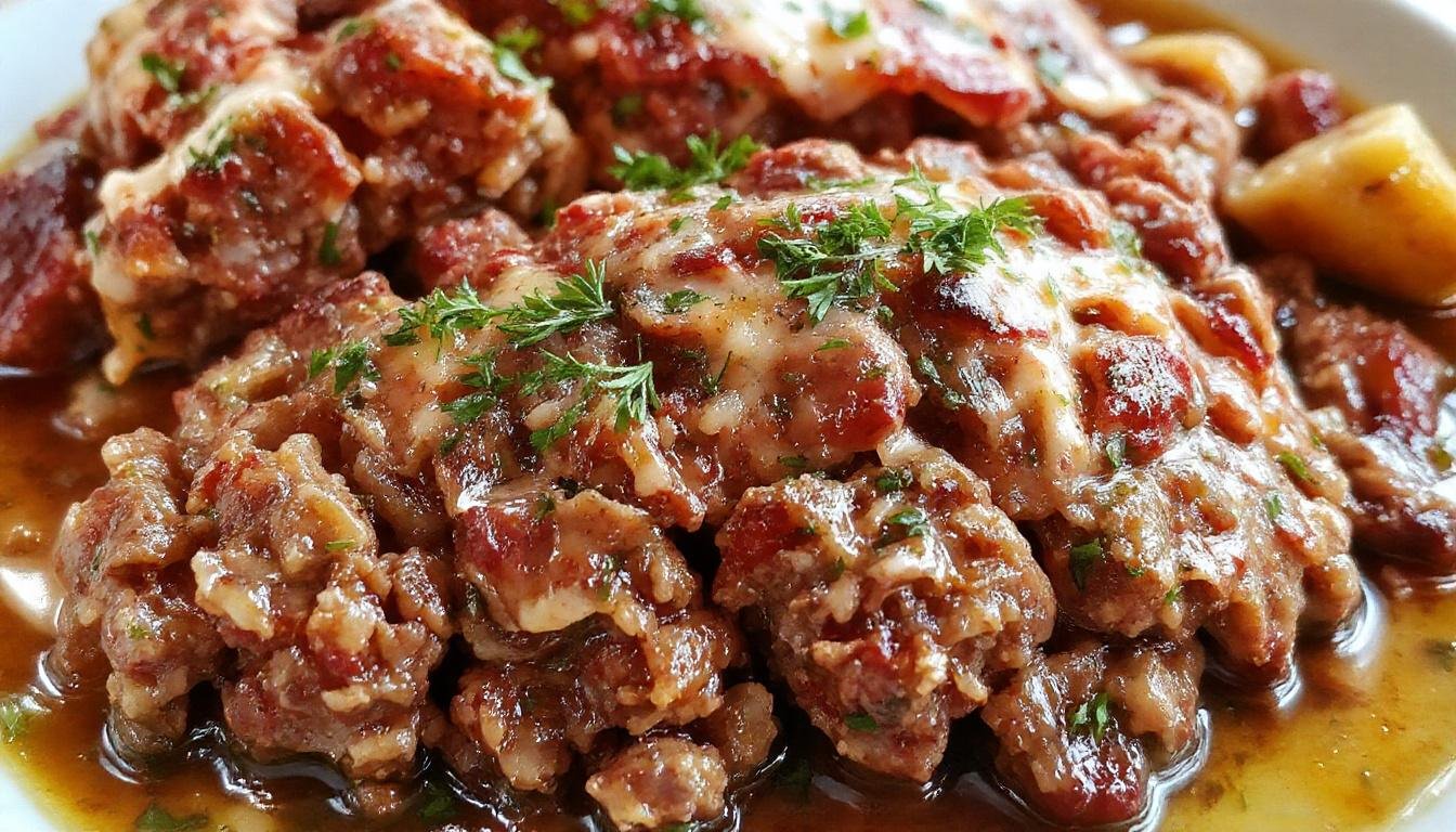 A sliced meatloaf glazed with a shiny caramelized topping, served on a rustic white plate with a side of mashed potatoes and fresh green beans, garnished with chopped parsley. The meatloaf reveals a moist, hearty interior with visible bits of herbs and vegetables, capturing a homestyle, comforting presentation.