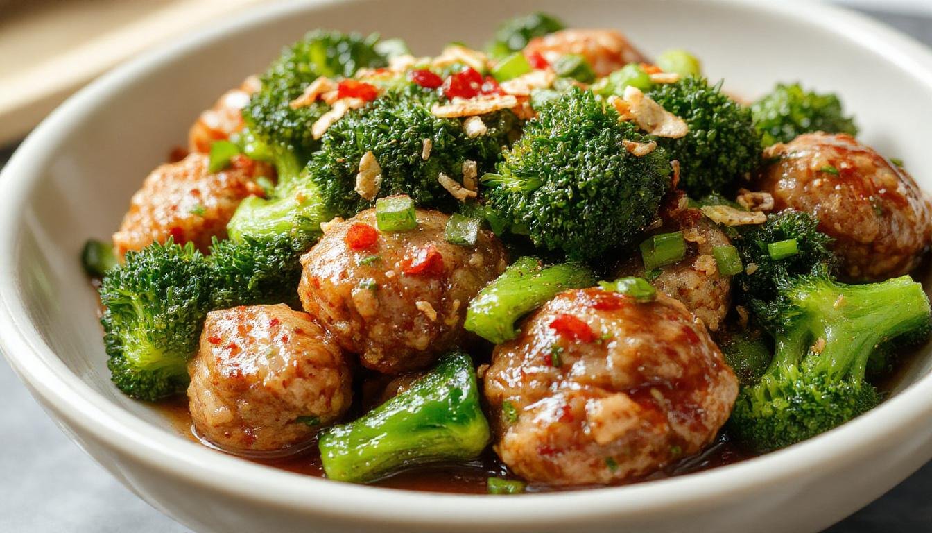 A vibrant plate featuring glossy Mongolian meatballs glazed in a savory sauce, nestled among bright green broccoli florets. The meatballs are round and richly colored, with a slightly caramelized exterior, and are arranged neatly with some sauce drizzling over them. The broccoli adds a fresh, crisp contrast, and the dish is presented on a modern white plate with a clean, minimalist background revealing a hint of chopsticks for added Asian-inspired flair.