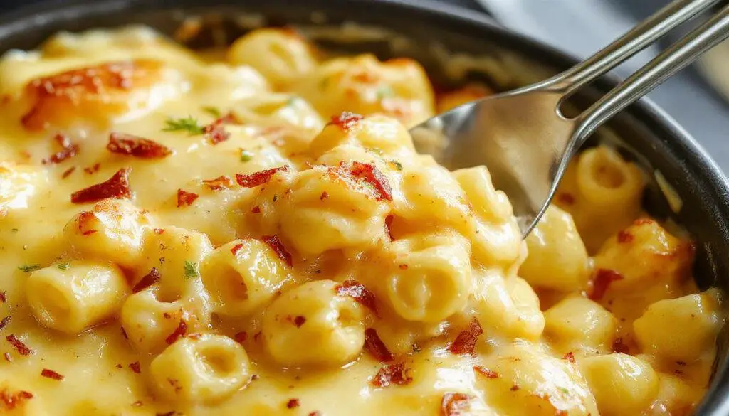 A large, creamy bowl of Monster Mac & Cheese featuring thick, golden cheese sauce coating al dente macaroni, topped with crispy fried onion strings and a sprinkle of chopped herbs, served on a rustic wooden table