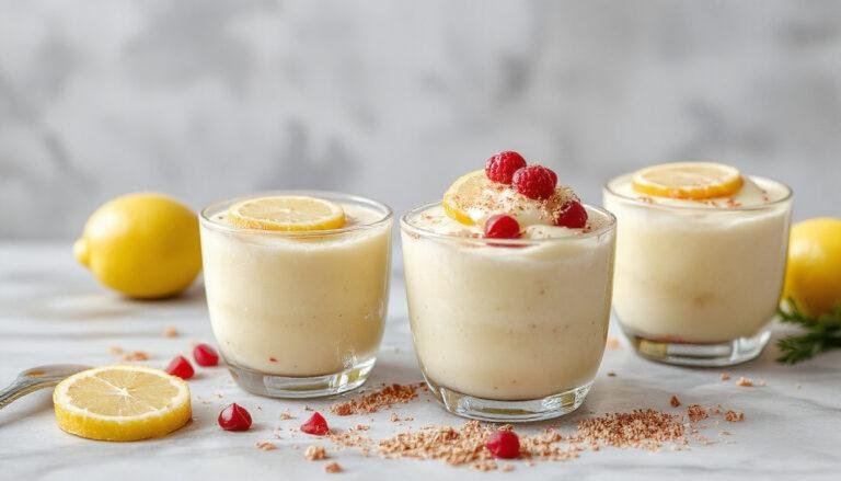 Un ramequin de mousse au citron légère et mousseuse, garnie d'une tranche de citron et de zestes, présenté sur une surface blanche avec un fond flou, mettant en valeur la texture crémeuse et la couleur jaune vif de la mousse.