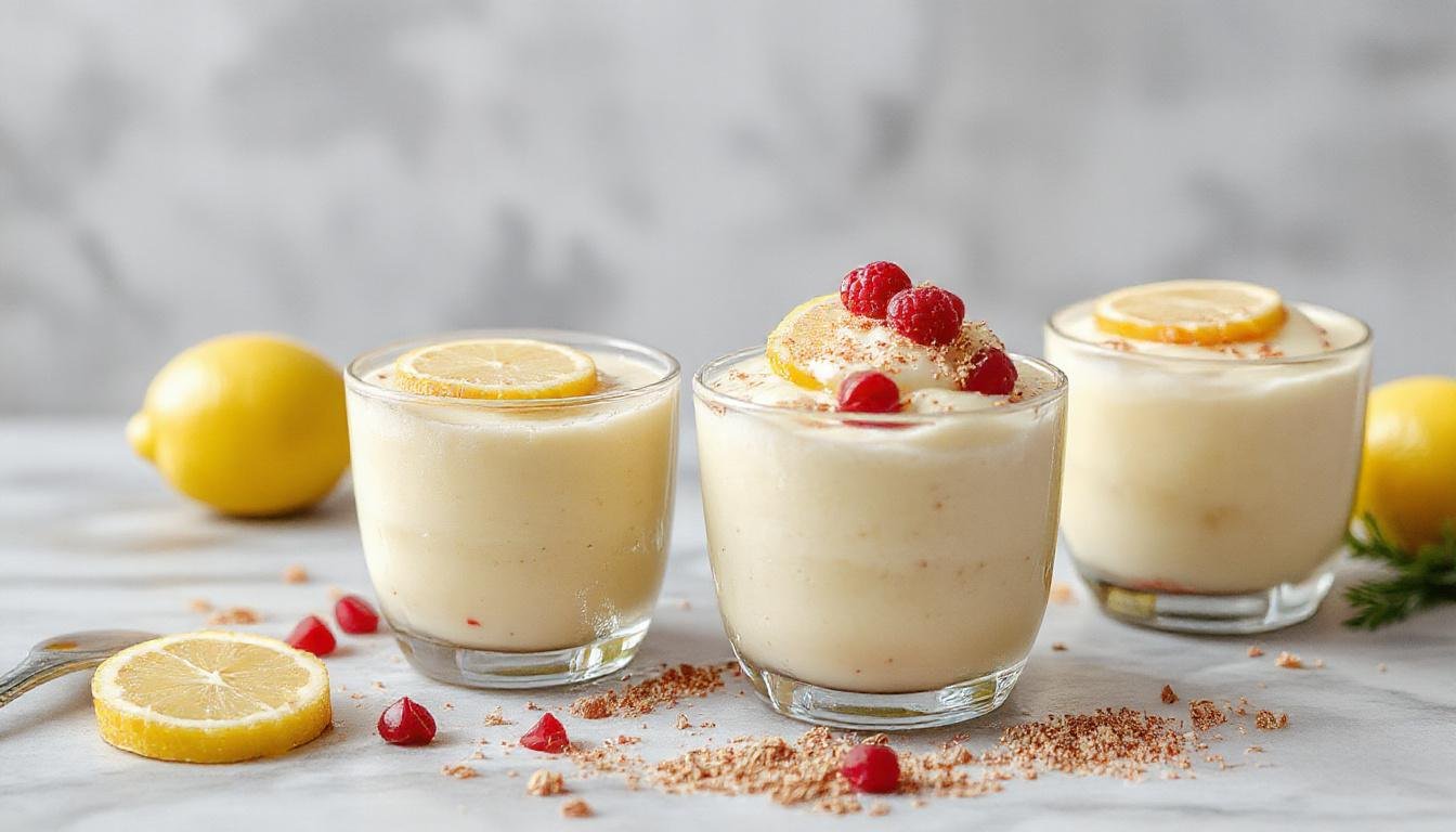Un ramequin de mousse au citron légère et mousseuse, garnie d'une tranche de citron et de zestes, présenté sur une surface blanche avec un fond flou, mettant en valeur la texture crémeuse et la couleur jaune vif de la mousse.