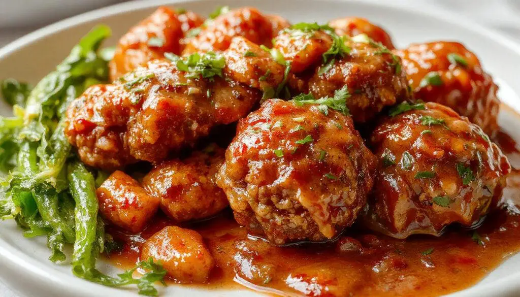 A close-up of perfectly round, golden-brown ground beef meatballs arranged on a white plate, topped with fresh parsley and served with a side of spaghetti in a rich tomato sauce. The meatballs have a crispy exterior with visible herbs and juiciness inside, creating a mouthwatering presentation.