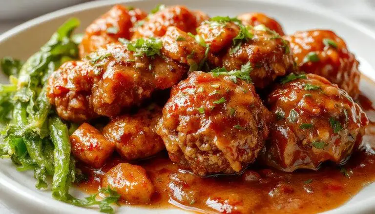 A close-up of perfectly round, golden-brown ground beef meatballs arranged on a white plate, topped with fresh parsley and served with a side of spaghetti in a rich tomato sauce. The meatballs have a crispy exterior with visible herbs and juiciness inside, creating a mouthwatering presentation.