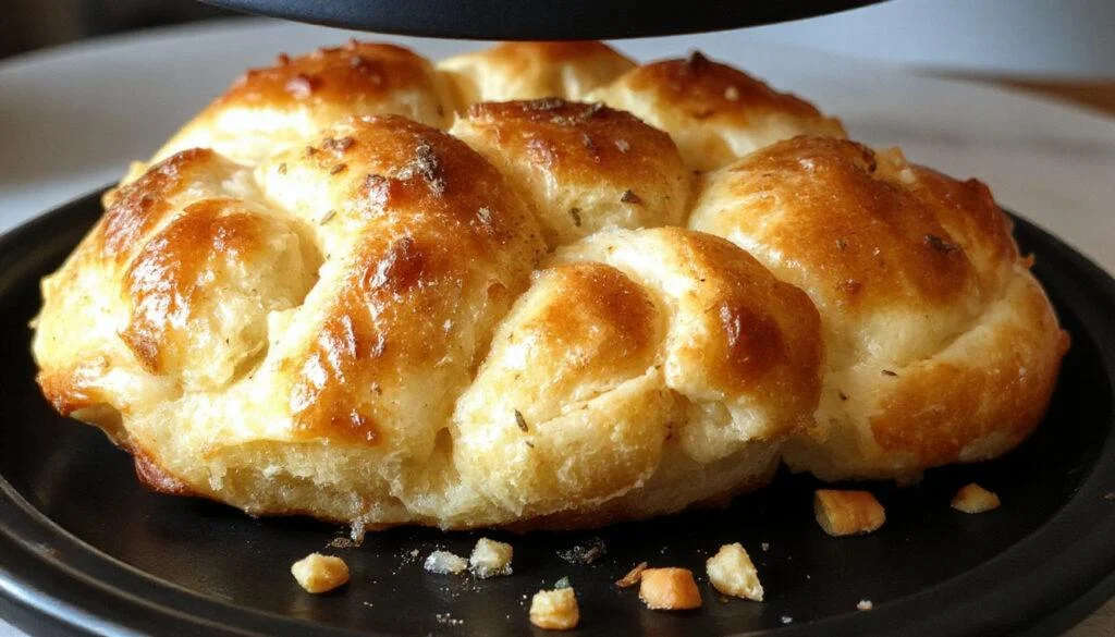 Une miche de pain maison croustillante dorée, placée sur une planche en bois, avec une croûte parfaitement craquante et une mie légère visible sur le côté, présentée dans un cadre rustique avec un torchon en lin clair à l'arrière.