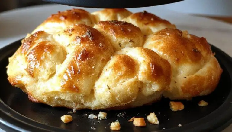Une miche de pain maison croustillante dorée, placée sur une planche en bois, avec une croûte parfaitement craquante et une mie légère visible sur le côté, présentée dans un cadre rustique avec un torchon en lin clair à l'arrière.