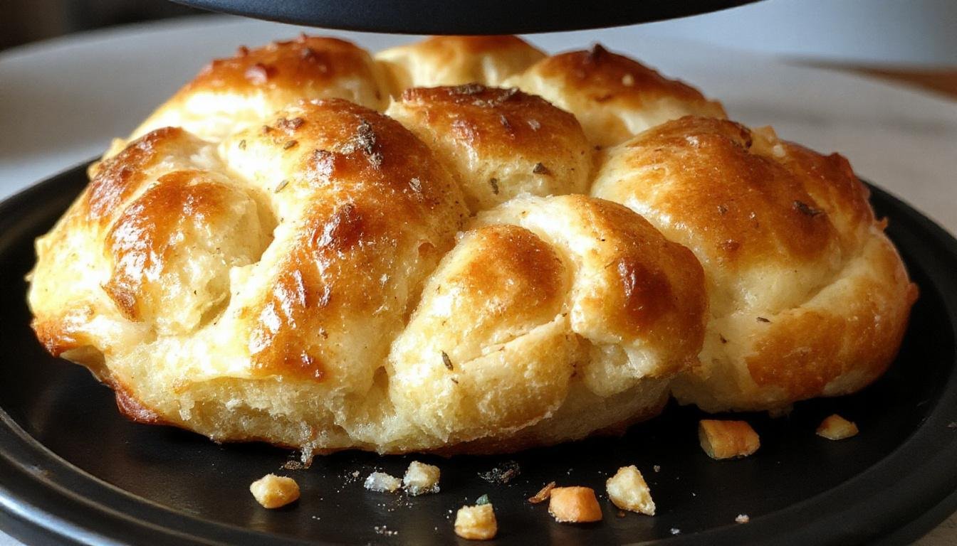 Une miche de pain maison croustillante dorée, placée sur une planche en bois, avec une croûte parfaitement craquante et une mie légère visible sur le côté, présentée dans un cadre rustique avec un torchon en lin clair à l'arrière.