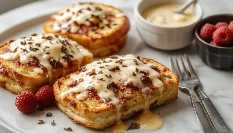 Une tranche de pain perdu dorée à la perfection, servie sur une assiette blanche avec un filet de sirop d'érable, garnie de fruits frais et de sucre glace, présentation élégante et appétissante