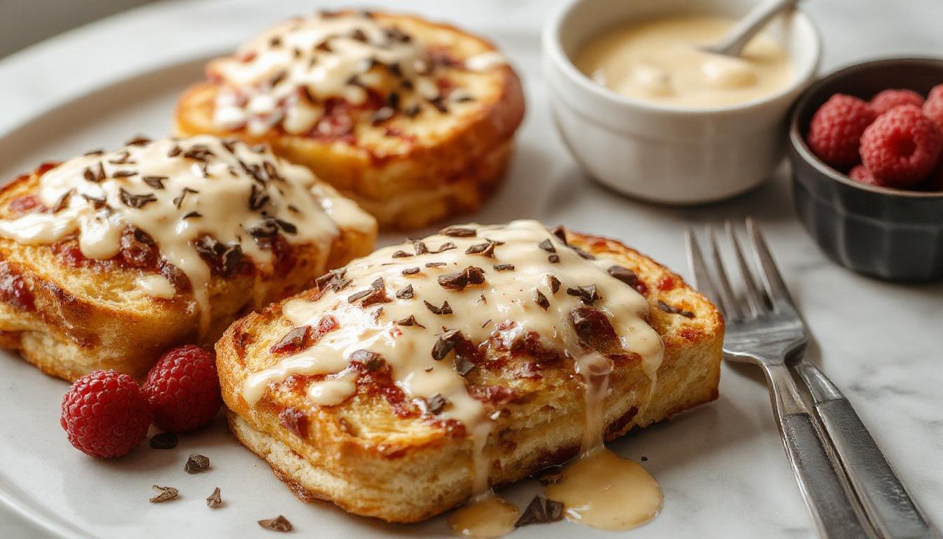 Une tranche de pain perdu dorée à la perfection, servie sur une assiette blanche avec un filet de sirop d'érable, garnie de fruits frais et de sucre glace, présentation élégante et appétissante