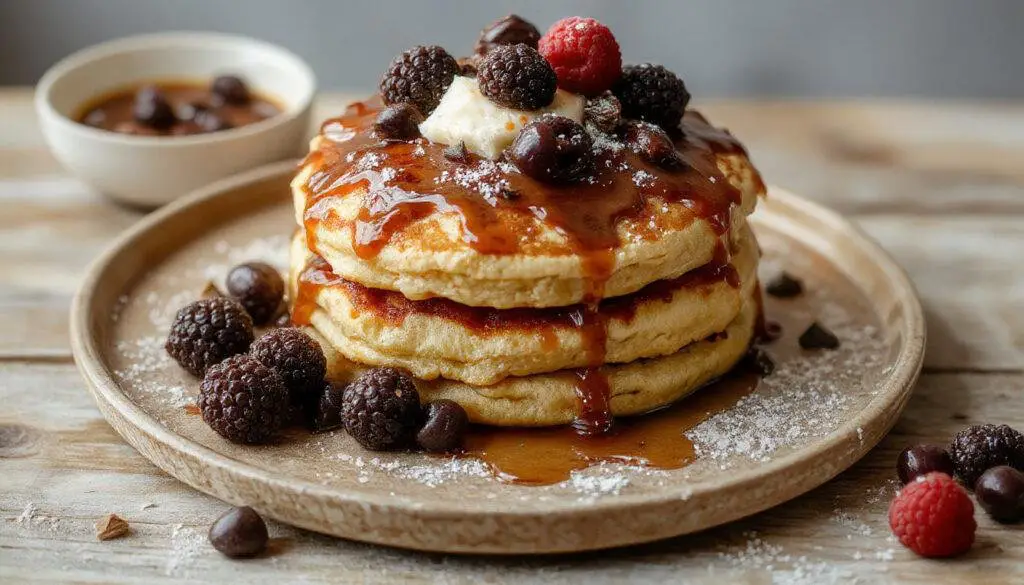 Une pile de pancakes légers et moelleux, dorés à la perfection, garnis de yaourt crémeux et de fruits frais colorés, présentée sur une assiette blanche élégante.
