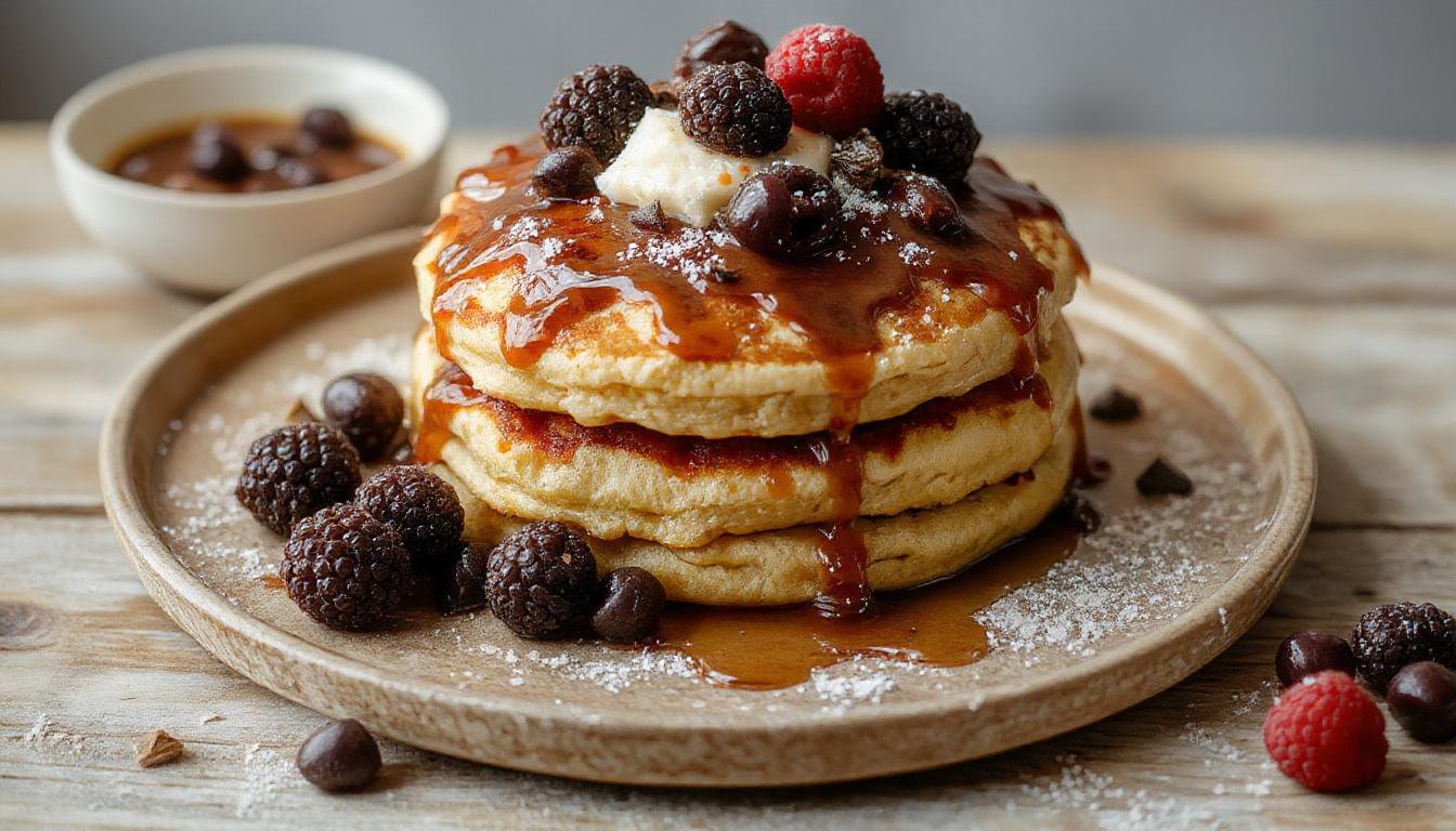Une pile de pancakes légers et moelleux, dorés à la perfection, garnis de yaourt crémeux et de fruits frais colorés, présentée sur une assiette blanche élégante.