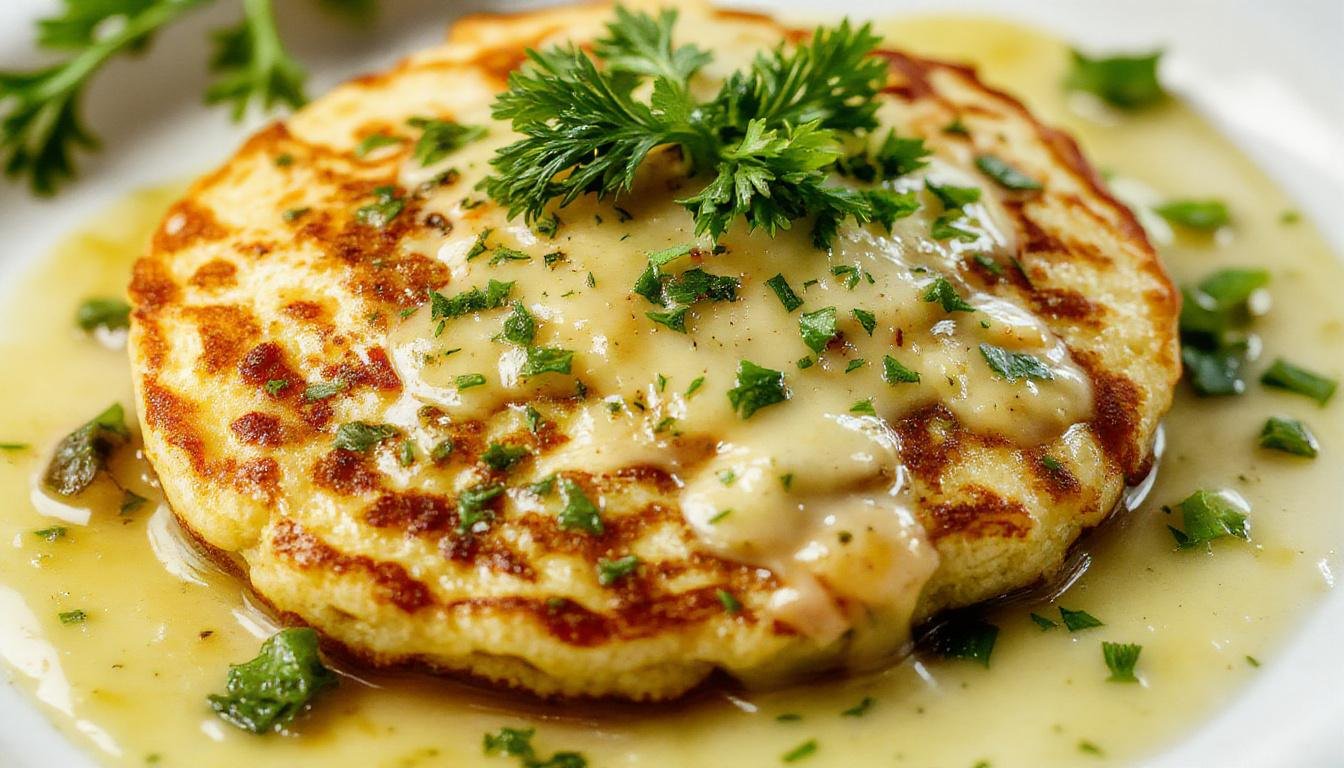 Une assiette de pancakes de courgettes dorés, garnis d'une sauce yaourt à la menthe fraîche, présentés avec délicatesse sur une surface blanche avec quelques feuilles de menthe en décor.